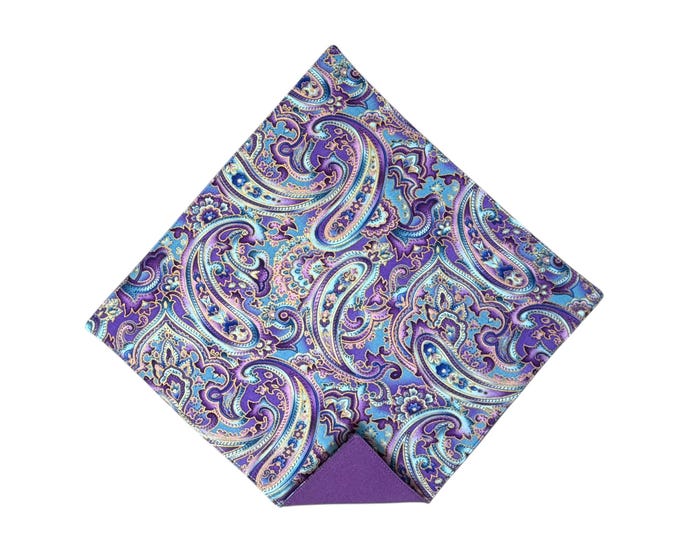 Pocket Square - Purple & Turquoise Paisley - Wedding - Prom Night - Adult Men's Sizing - Handcrafted in the USA