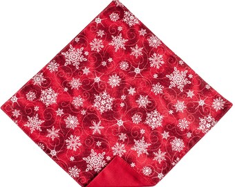 Handmade Pocket Square - Red Snowflake Silver Sparkle Holiday Handkerchief - Baby to Adult Men's Sizing - Crafted in the USA