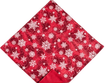Handmade Pocket Square - Red Snowflake Silver Sparkle Holiday Handkerchief - Baby to Adult Men's Sizing - Crafted in the USA