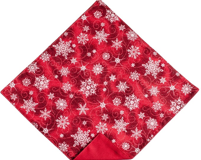 Handmade Pocket Square - Red Snowflake Silver Sparkle Holiday Handkerchief - Baby to Adult Men's Sizing - Crafted in the USA