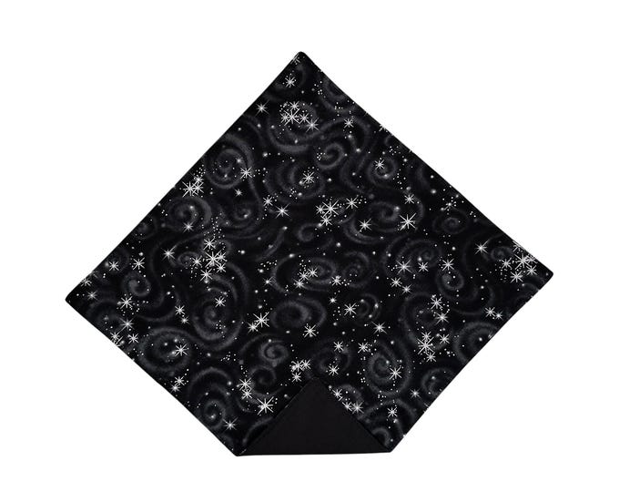Pocket Square - Black with Silver Metallic Stars - Premium Cotton Handkerchief - Adult Mens Sizing - Handcrafted in the USA