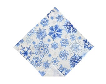 Holiday Pocket Square - Blue Snowflakes -Cotton Handkerchief - Adult Men's Sizing - Handcrafted in the USA