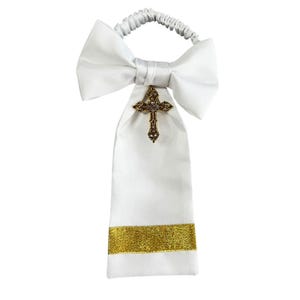 Boys Communion Armband - Religious Gold or Silver Cross Charm - White Shantung Sateen - Boys Sizing - Handcrafted in the USA