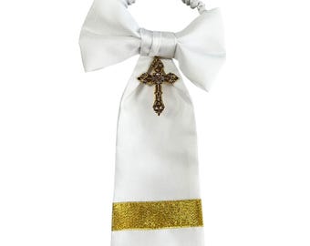 Boys Communion Armband - Religious Gold or Silver Cross Charm - White Shantung Sateen - Boys Sizing - Handcrafted in the USA