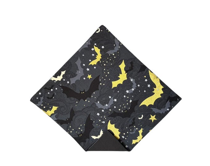Halloween Pocket Square: Black & Gold Bats - Reversible Cotton Handkerchief