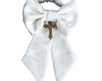 Boys Communion Armband - Clergy White Satin with Gold Cross Charm - Religious Brocade - Boys Sizing - Handcrafted in the USA
