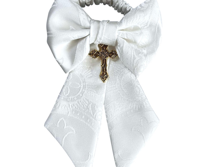 Boys Communion Armband - Clergy White Satin with Gold Cross Charm - Religious Brocade - Boys Sizing - Handcrafted in the USA