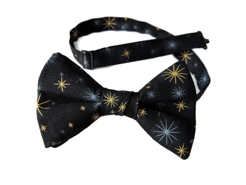 Baby to Adult Men/'s Sizing Black with Gold Metallic and Grey Stars Cotton Bow Tie Crafted in the USA Handmade Pre-Tied Bow Tie