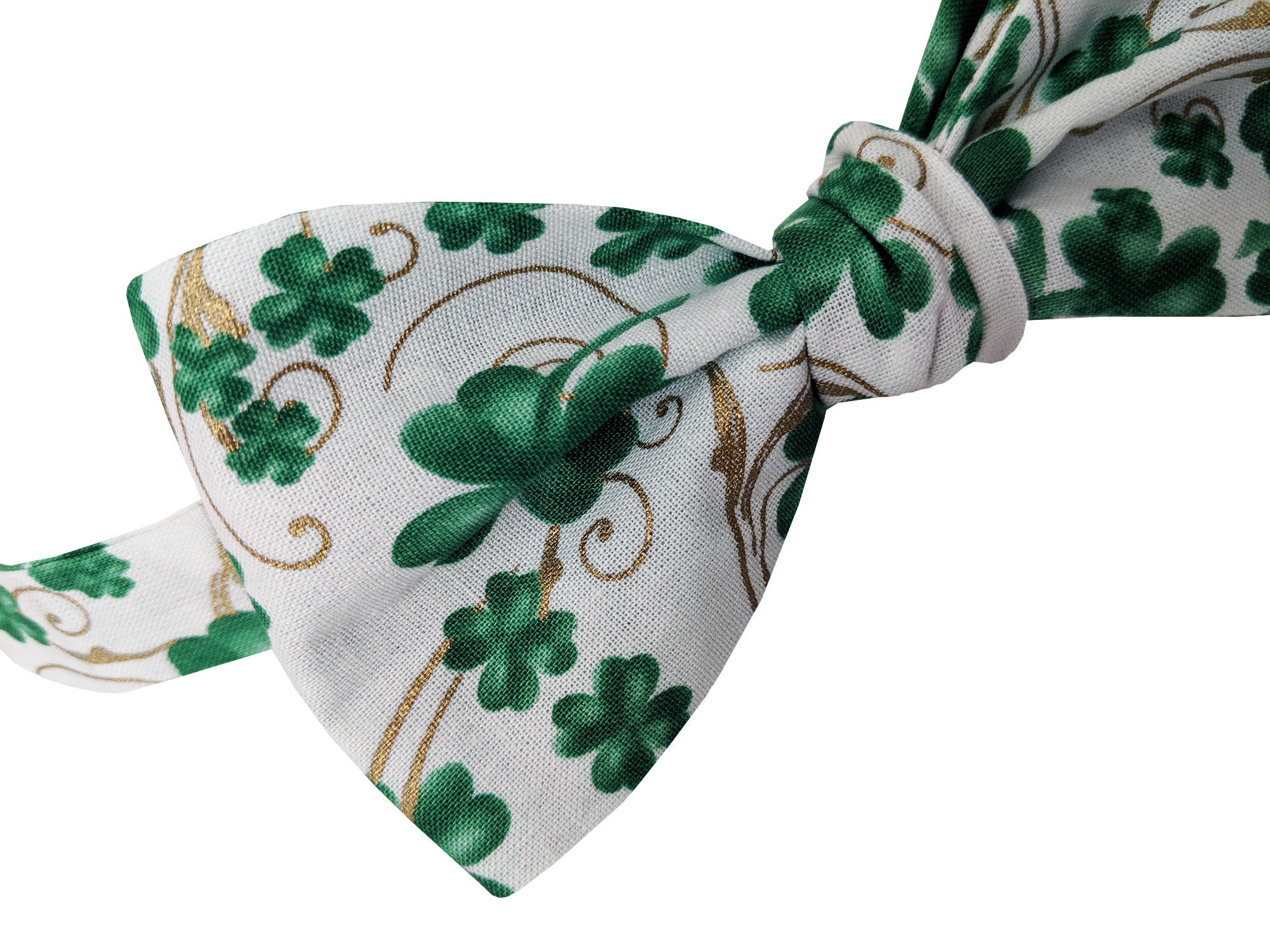 St. Patrick's Day Self-Tie Bow Tie - White and Green Shamrock with Gold