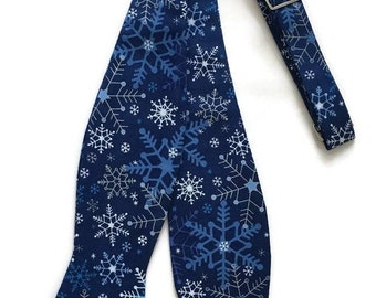 Holiday Self-Tie Bow Tie - Blue Snowflakes - Cotton - Adult Men's Sizing - Handcrafted in the USA
