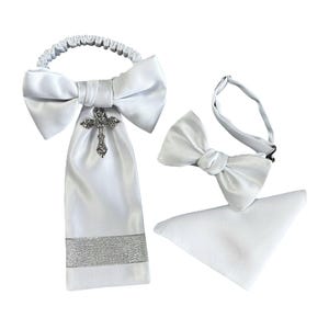 Boys Bow Tie, Pocket Square and Armband Set - White Satin with Religious Cross - First Holy Communion - Boys Sizing - Crafted in the USA