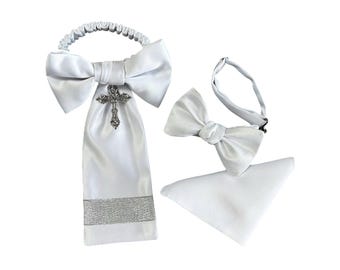 Boys Bow Tie, Pocket Square and Armband Set - White Satin with Religious Cross - First Holy Communion - Boys Sizing - Crafted in the USA