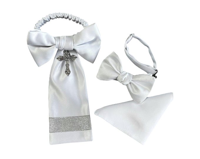 Boys Bow Tie, Pocket Square and Armband Set - White Satin with Religious Cross - First Holy Communion - Boys Sizing - Crafted in the USA