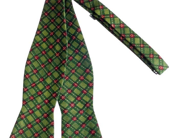 Handmade Self-tie Bow Tie - Green and Red Christmas Plaid with Gold Metallic Accents - Mens and Boys Sizing - Crafted in the USA