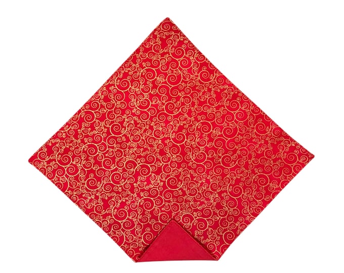 Holiday Pocket Square - Red & Gold Metallic Swirls - Cotton - Adult Men's Sizing - Handcrafted in the USA