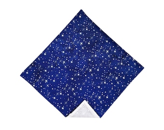 Pocket Square - Blue Starry Sky Accented with Silver Metalic Handkerchief - Adult Mens Sizing - Handcrafted in the USA