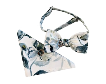 Handmade Floral Bow Tie & Pocket Square Set – Blue Teal Multi-Color