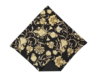 Pocket Square - Black Gold Oriental  Floral - Handkerchief Cotton- Adult Men's Sizing - Handcrafted in the USA