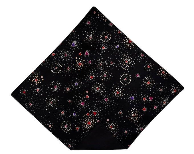 Valentine Pocket Square - Black with Red, Pink, Purple Hearts Handkerchief - Adult Sizing - Handcrafted in the USA