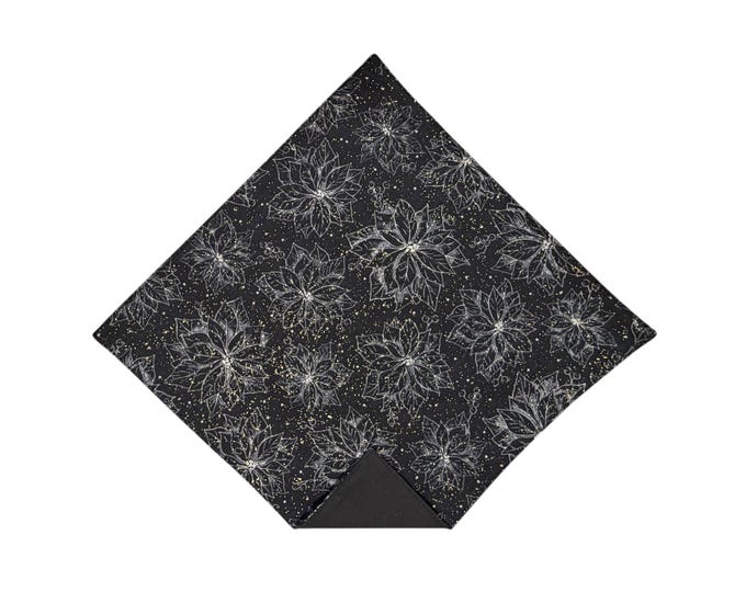 Holiday Pocket Square - Poinsettias Black with Gold Metallic - Adult Men's Sizing - Handcrafted in the USA