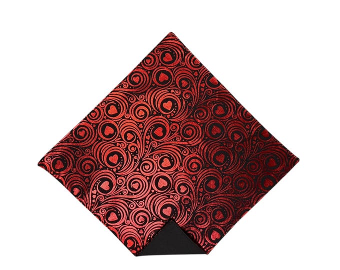 Valentine Pocket Square – Red Foil Hearts, Black Cotton, Handmade