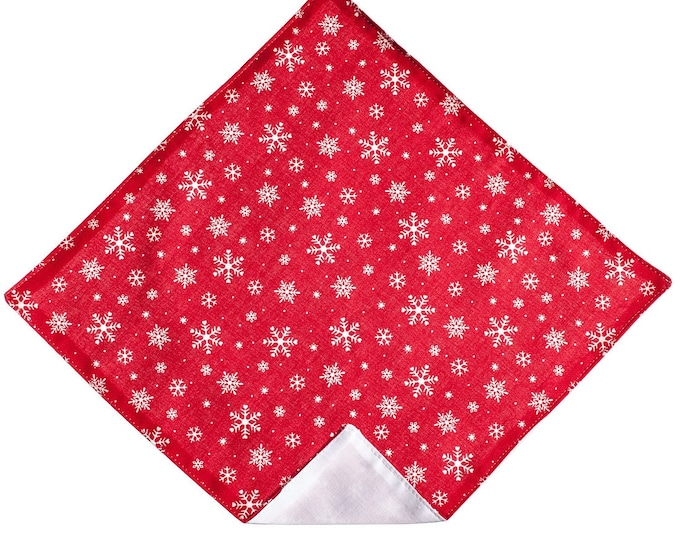 Handmade Pocket Square - Red and White Snowflake Holiday Handkerchief - Baby to Adult Men's Sizing - Crafted in the USA