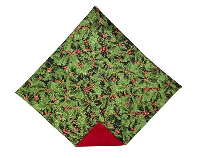 Holiday Pocket Square - Green & Red Christmas Holly Berries - Adult Men's Sizing - Crafted in the USA