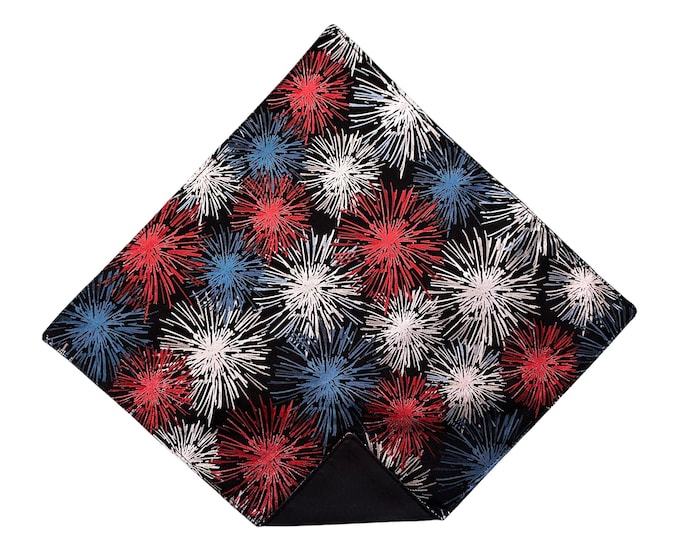 Handkerchief Pocket Square - Fireworks of Red, White, and Blue Shiny Foil - Adult Men's and Boys Sizing - Handcrafted in the USA