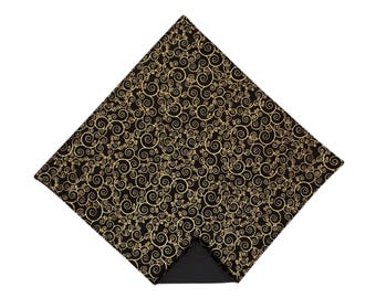 Pocket Square - Black Gold Swirls - Handkerchief Cotton- Adult Men's Sizing - Handcrafted in the USA