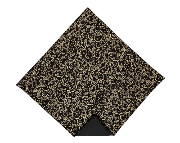 Pocket Square - Black Gold Swirls - Handkerchief Cotton- Adult Men's Sizing - Handcrafted in the USA