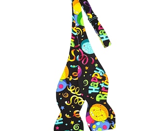 Celebration Self-Tie Bow Tie - Happy Birthday Balloons & Confetti - Adult Mens Sizing - Handcrafted in the USA