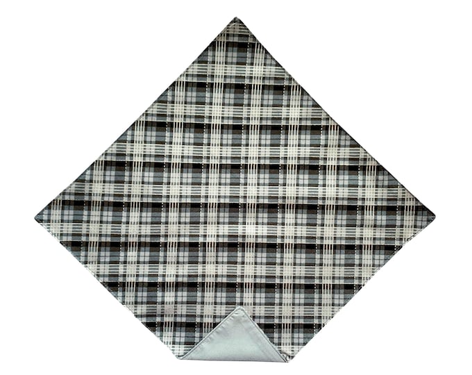 Holiday Pocket Square - Black with Silver Metallic Plaid - Adult Men's Sizing - Handcrafted in the USA