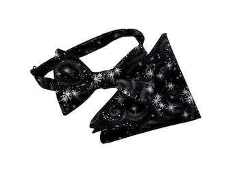 Pretied Adjustable Bow Tie and Pocket Square Set - Black with Silver Metallic Stars - Premium Cotton - Mens Sizing - Handcrafted in the USA