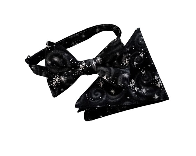 Pretied Adjustable Bow Tie and Pocket Square Set - Black with Silver Metallic Stars - Premium Cotton - Mens Sizing - Handcrafted in the USA