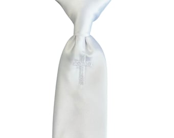 Clip-on Necktie - White Satin with White, Silver, or Gold Embroidered Religious Cross for Communion - Boys Sizing - Handcrafted in the USA