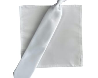 White Satin Clip-On Necktie and Pocket Square Set – Boys Communion Tie