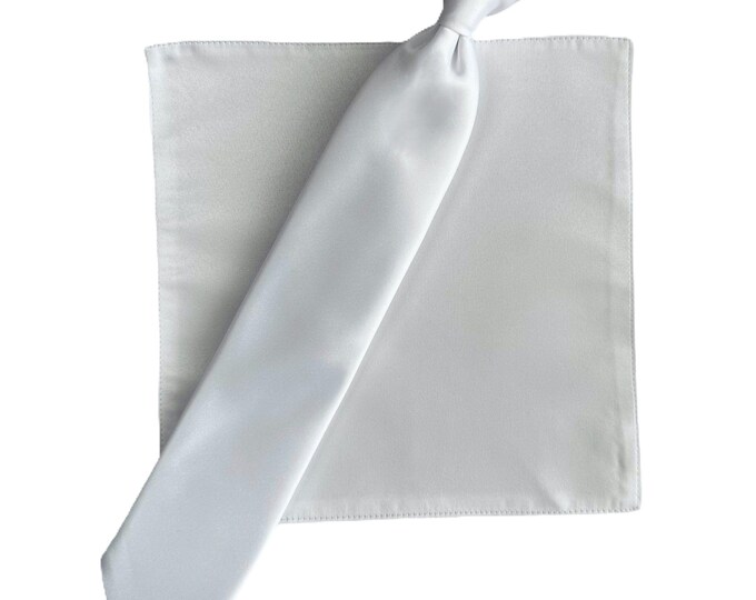 Boys Necktie Clip On and Pocket Square Set - White Solid Dress Tie for Communion - Polyester Satin - Boys Sizing - Handcrafted in the USA