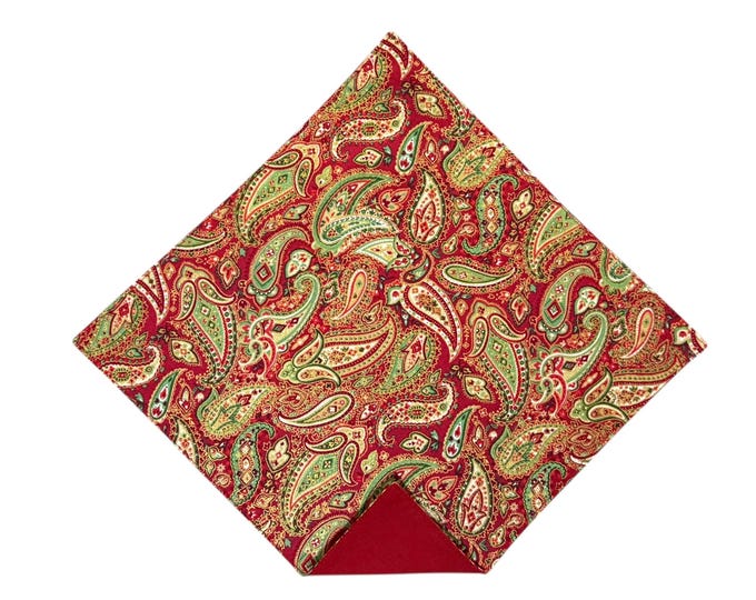 Holiday Pocket Square - Christmas Red & Gold Paisley - Adult Men's Sizing - Handcrafted in the USA