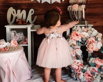 Pink Floral Dress Party Dress with Floral Headband Baby Girl Birthday Outfit Birthday Girl Outfit Tutu Dress Flower Girl Dress Birthday Tutu