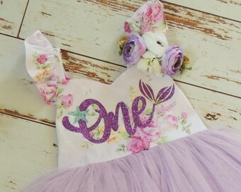 Mermaid First Birthday Dress for Baby Girl Lavender Floral Baby Dress