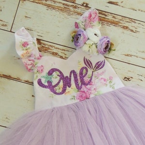 Mermaid First Birthday Dress for Baby Girl Lavender Floral Baby Dress
