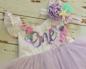 Mermaid First Birthday Dress for Baby Girl Lavender Floral Baby Dress