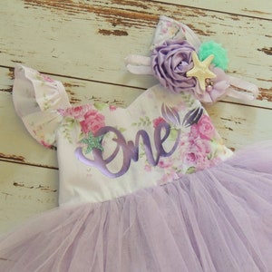 Mermaid First Birthday Dress for Baby Girl Lavender Floral Baby Dress image 1