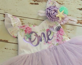 Mermaid First Birthday Dress for Baby Girl Lavender Floral Baby Dress