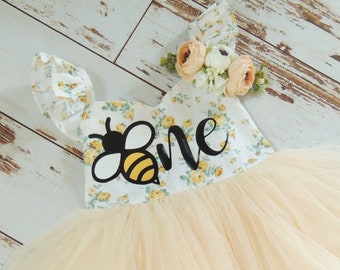First Bee Day First Birthday Dress Yellow Floral Fun to Bee One