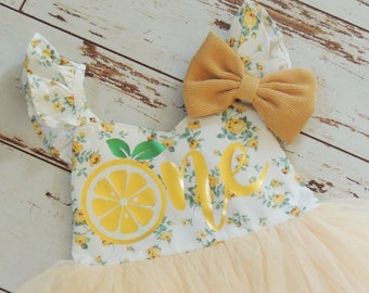 Sweet One Lemon First Birthday Dress Soft Yellow Floral Print Dress for Baby Girl