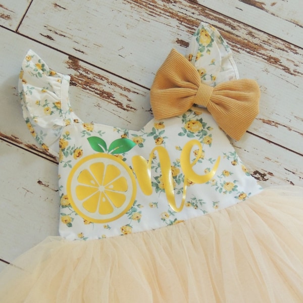 Sweet One Lemon First Birthday Dress Soft Yellow Floral Print Dress for Baby Girl