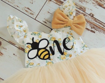 First Bee Day First Birthday Dress Yellow Floral Fun To Bee One Sweet One Bumble Bee Birthday Dress