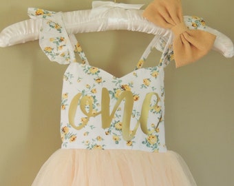 Girls Birthday Dress in Soft Yellow Floral Summer or Party Dress