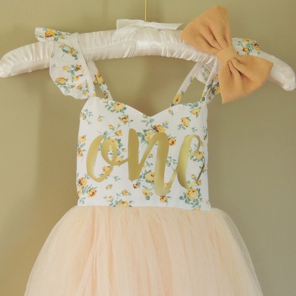 Girls Birthday Dress in Soft Yellow Floral Summer or Party Dress